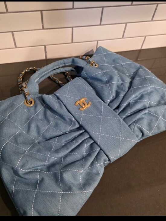 Source Unknown Accessories - Light Blue Denim Quilted Shoulder Bag with Gold-Tone Chain